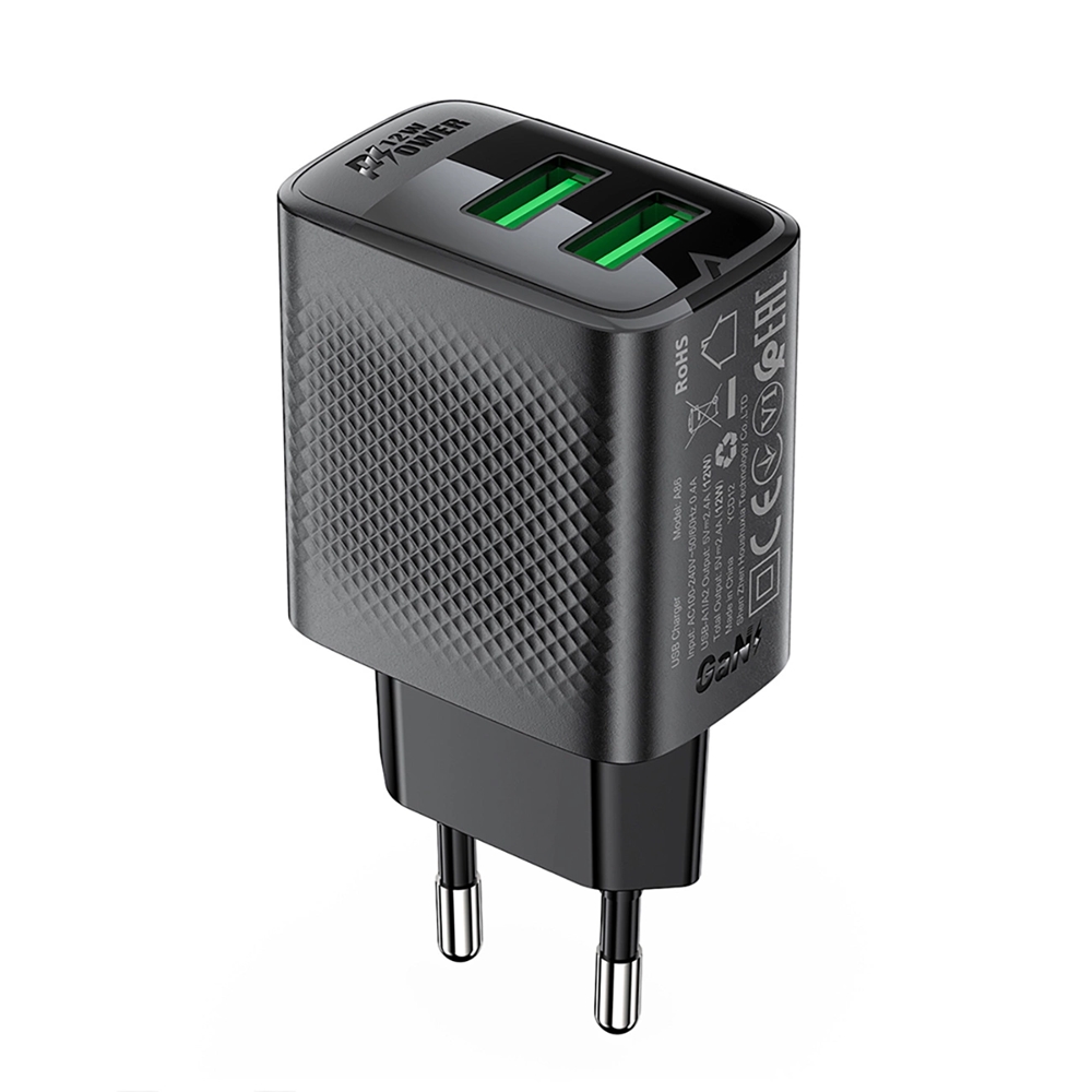 Acefast A86 hálózati töltő - 2xUSB porttal, hálózati töltő, fekete, 12W ﻿