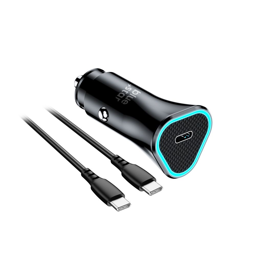 BlueStar fekete szivartöltőfej 3A, 20W + fekete Type-C / Type-C (USB-C) kábel, 1m