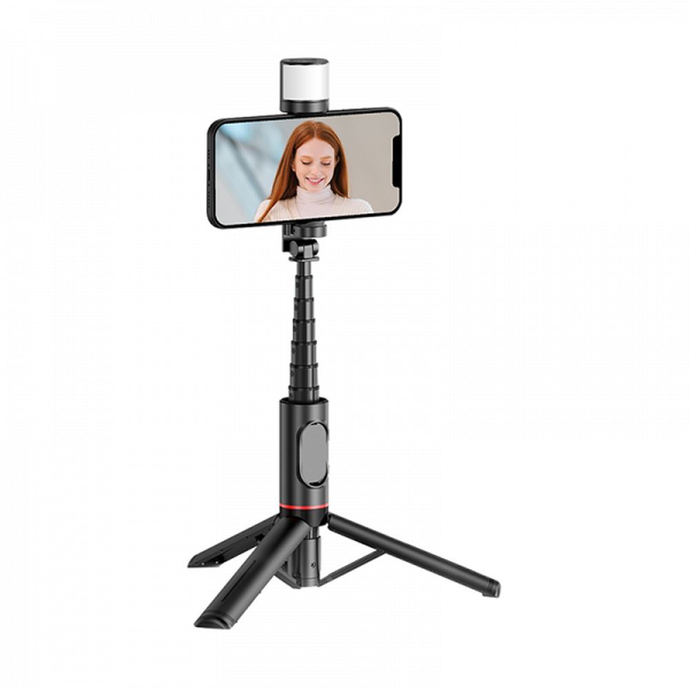WiWU SE003 selfie bot - fekete, bluetooth távirányítós, tripoddá alakítható selfie bot, LED világítással