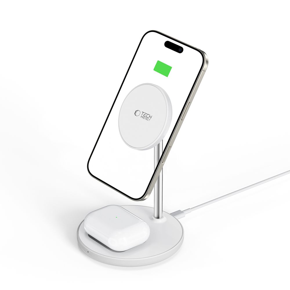 Tech- Protect QI15W-A39 telefont töltő - 2in1 fehér MagSafe vezeték nélküli (Wireless) töltőpad