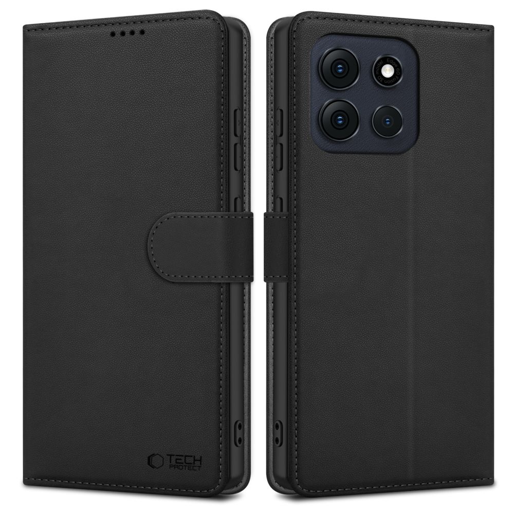 Telefontok MOTOROLA Moto G56 5G - Tech- Protect Wallet - fekete bőr könyvtok, ráhajtófüllel ﻿