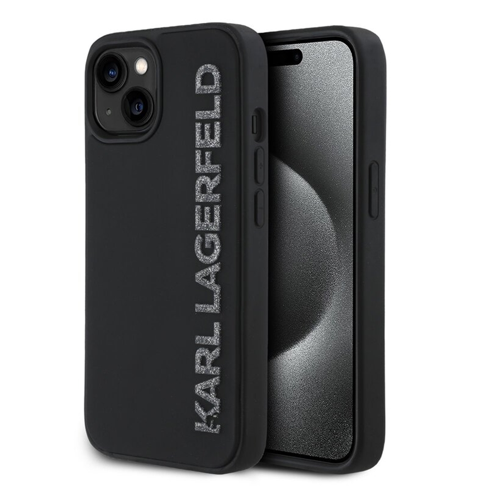 Telefontok iPhone 15 - Karl Lagerfeld 3D Rubber Glitter - fekete hátlap tok