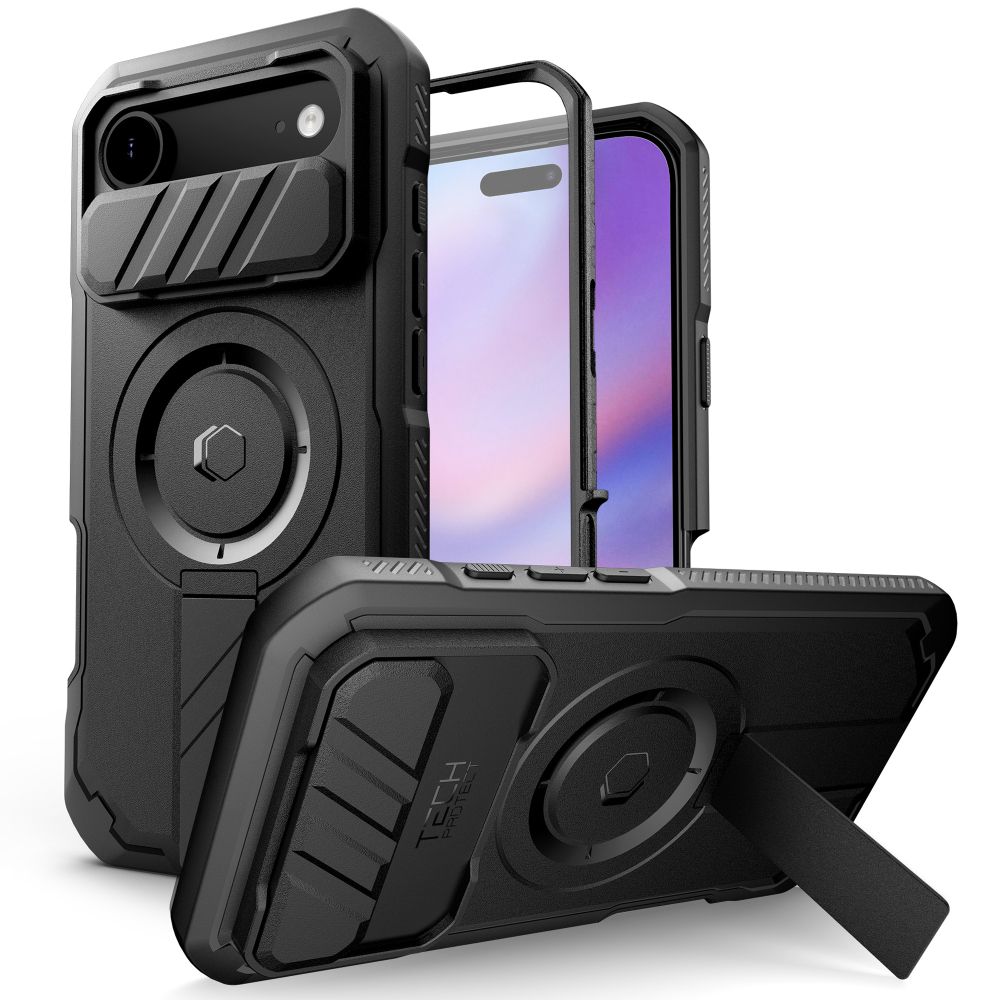 Telefontok iPhone 17 Air - Tech- Protect Kevlar Pro - átlátszó előlap + plexi fekete hátlapi 360°-os tok, kitámasztható