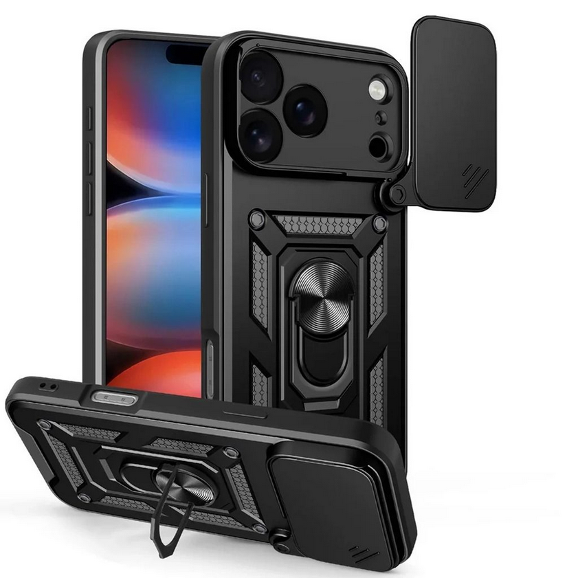 Telefontok iPhone 17 Pro - Camshield - fekete szilikon tok, kitámasztó ujjgyűrűvel, csúsztatható kameravédővel ﻿