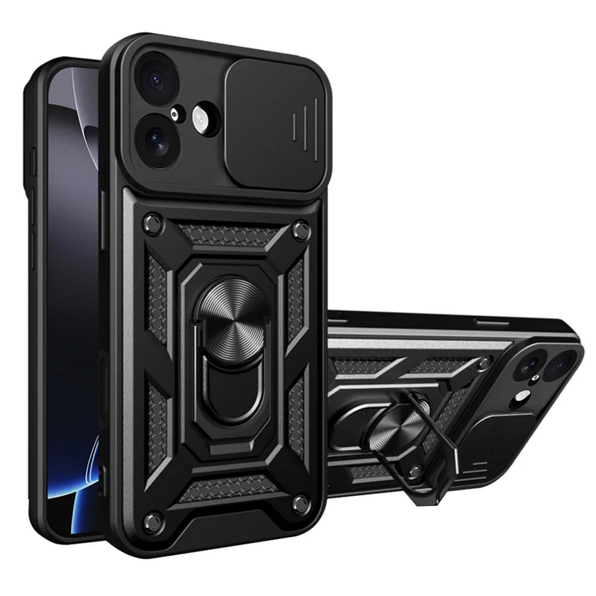 Telefontok iPhone 17 - Camshield - fekete szilikon tok, kitámasztó ujjgyűrűvel, csúsztatható kameravédővel ﻿