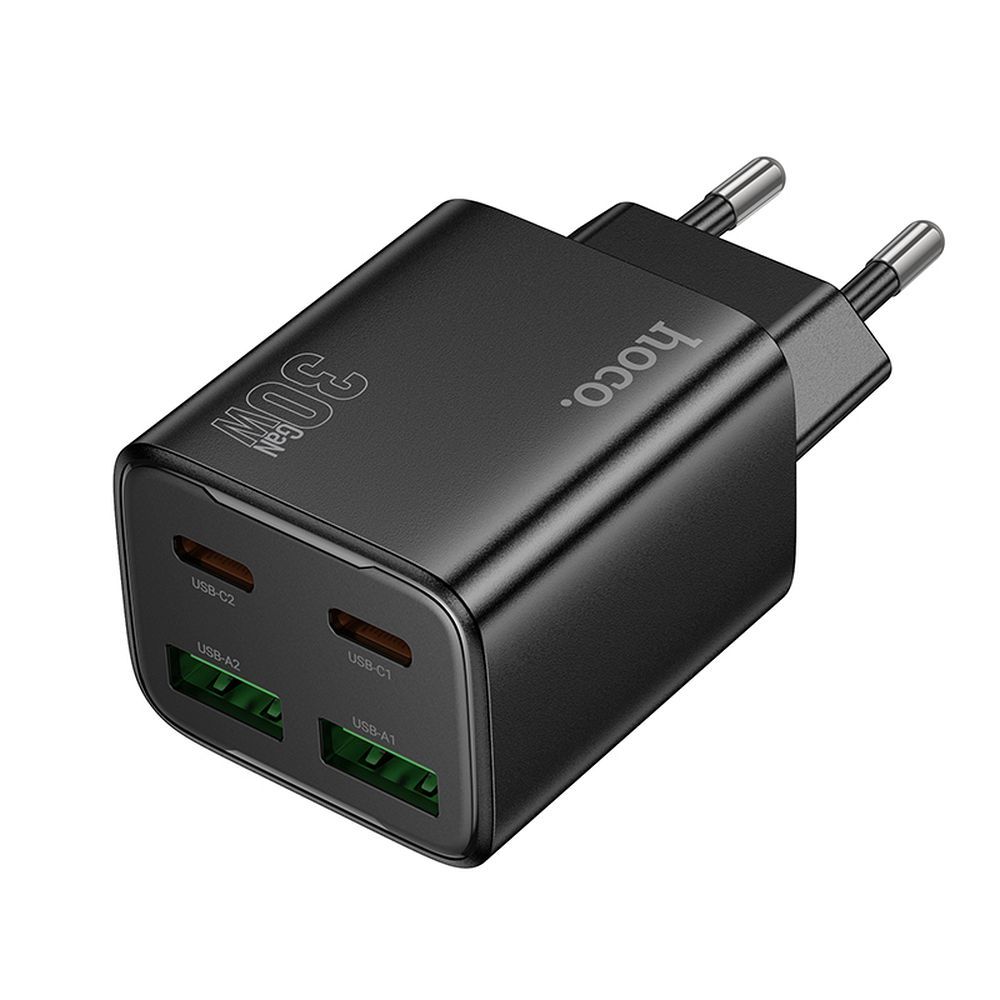 Hoco N56 - 2XUSB / 2XType-C (USB-C) portos fekete hálózati gyors töltőfej, 30W