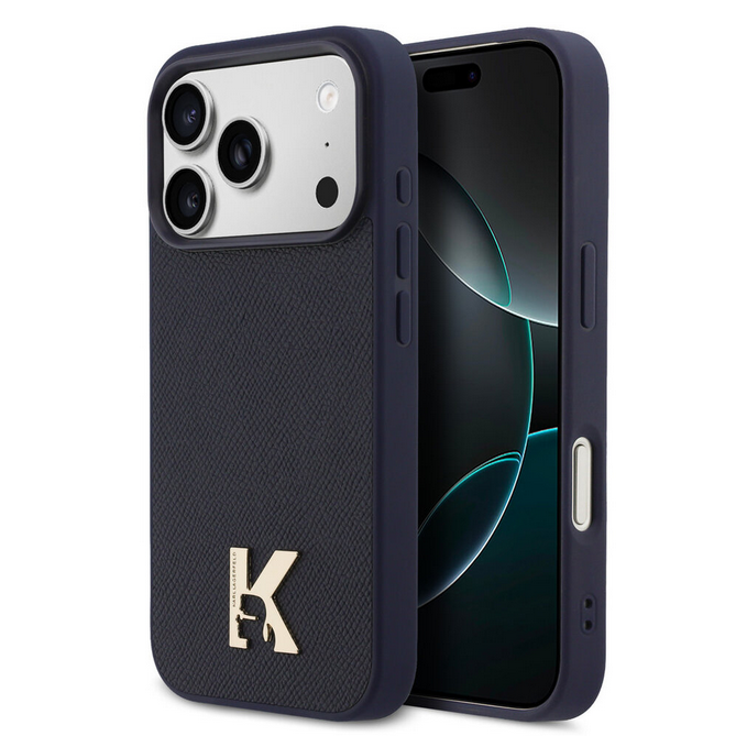 Telefontok iPhone 17 Pro - Karl Lagerfeld Saffiano Leather - Metal K & Karl Logo - MagSafe kompatibilis sötétkék hátlap tok