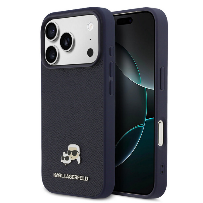 Telefontok iPhone 17 Pro Max - Karl Lagerfeld Saffiano Leather - K&C Head Logo - MagSafe kompatibilis kék hátlap tok