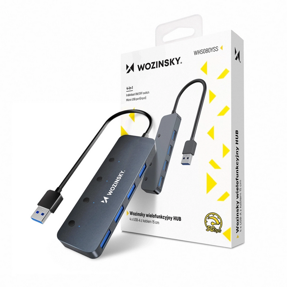 USB-A Hub Wozinsky WHS080YSS 4 x USB-A 3.0 egyedi kapcsolókkal, alumínium házzal, 30 cm-es kábel - szürke