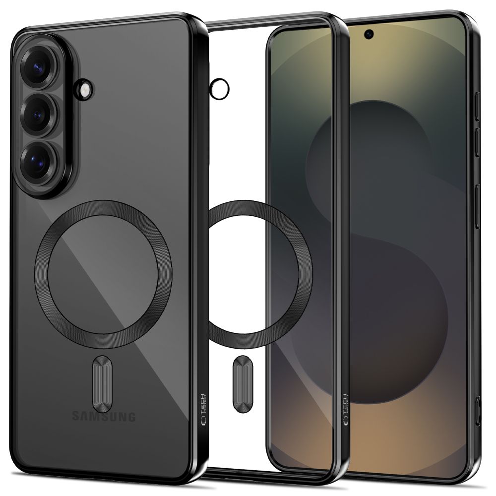  Telefontok Samsung Galaxy S26 - MagSafe kompatibilis átlátszó hátlap tok, fekete szilikon kerettel