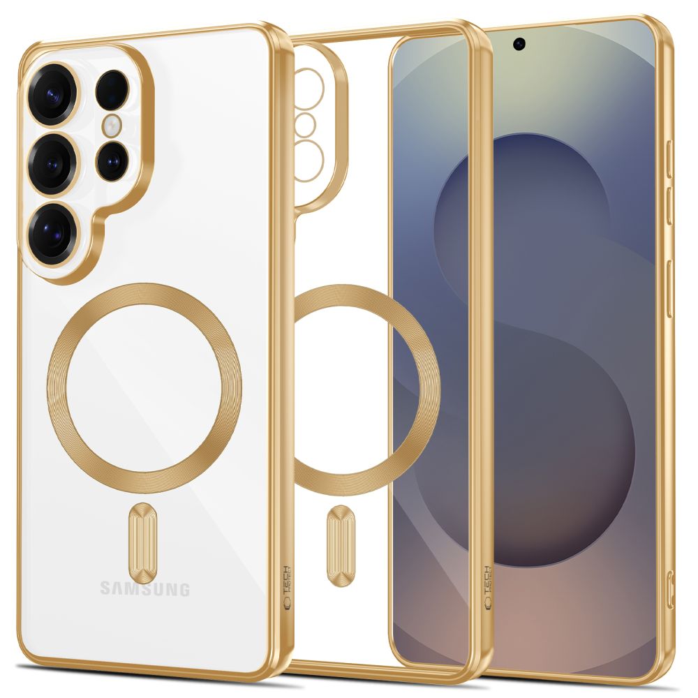  Telefontok Samsung Galaxy S26 Ultra - MagSafe kompatibilis átlátszó hátlap tok, arany szilikon kerettel