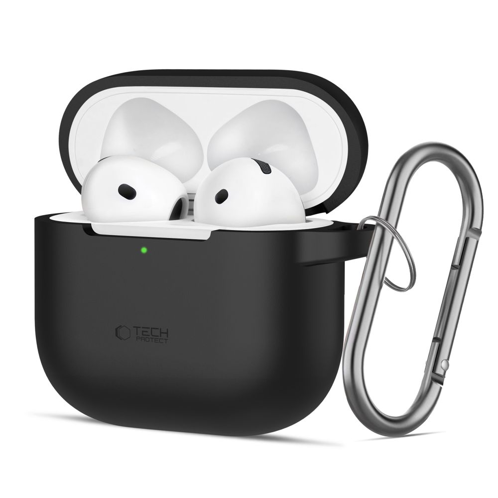 AirPods 4 tartó - fekete szilikon tok, karabinerrel