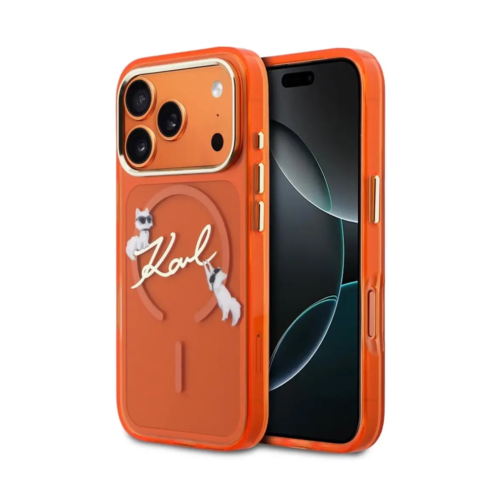 Telefontok iPhone 17 Pro Max - Karl Lagerfeld Choupette Scripted Log - MagSafe kompatibilis narancssárga hátlap tok