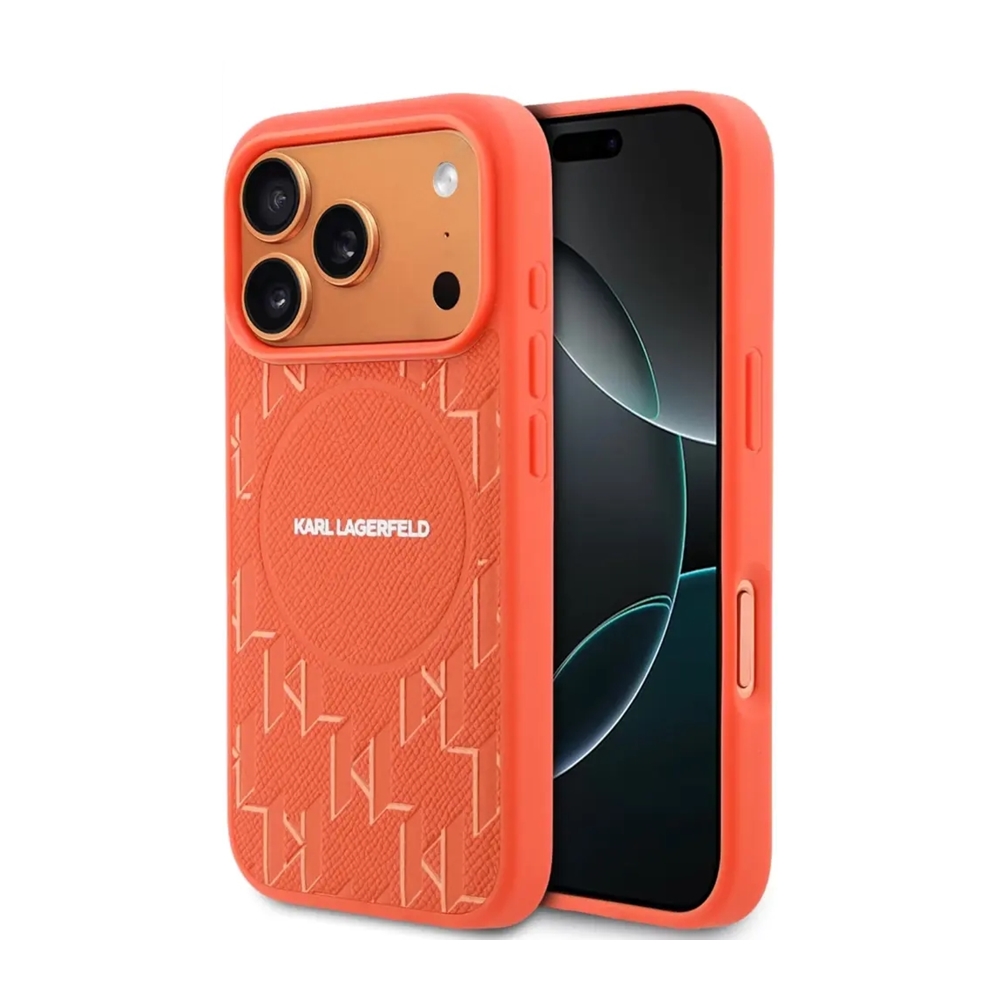 Telefontok iPhone 17 Pro Max - Karl Lagerfeld Monogram - MagSafe kompatibilis narancssárga hátlap tok