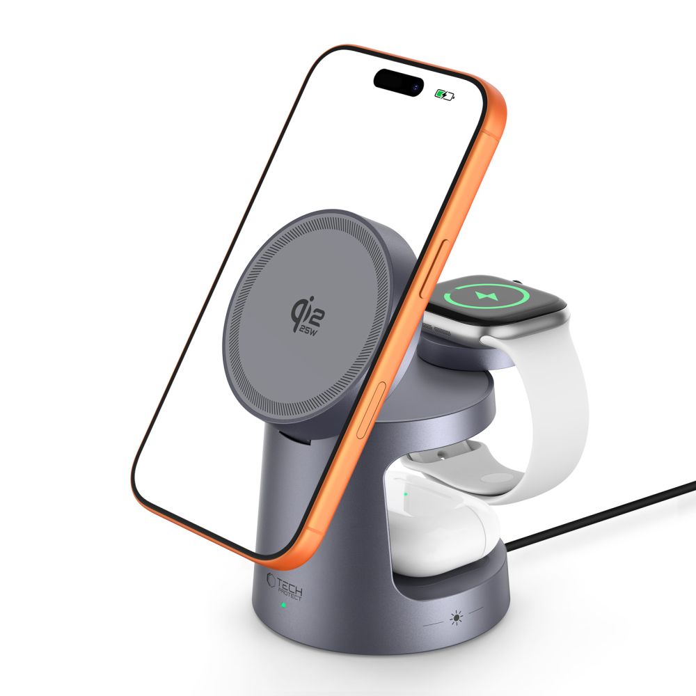Tech- Protect A48 - 3in1 szürke összecsukható vezeték nélküli (Wireless) töltőpad - iPhone, AirPods és Apple Watch