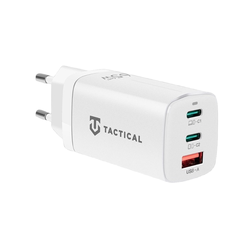 Telefon töltő: Tactical FlashBang GaN - 2x Type-C (USB-C) / USB portos, fehér hálózati töltőfej, 65W