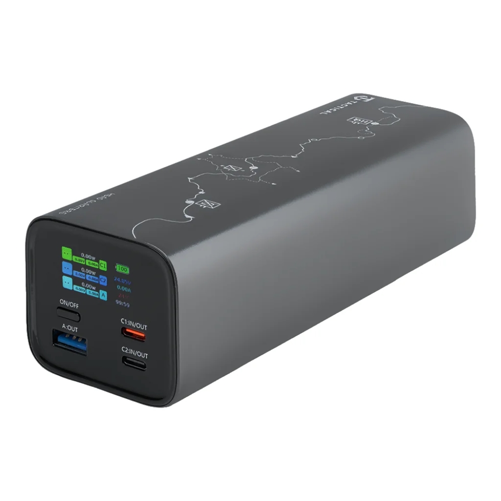Tactical Squad - szürke powerbank, 2XType-C (USB-C) / USB porttal, 27000 mAh, 65W, TFT kijelzővel