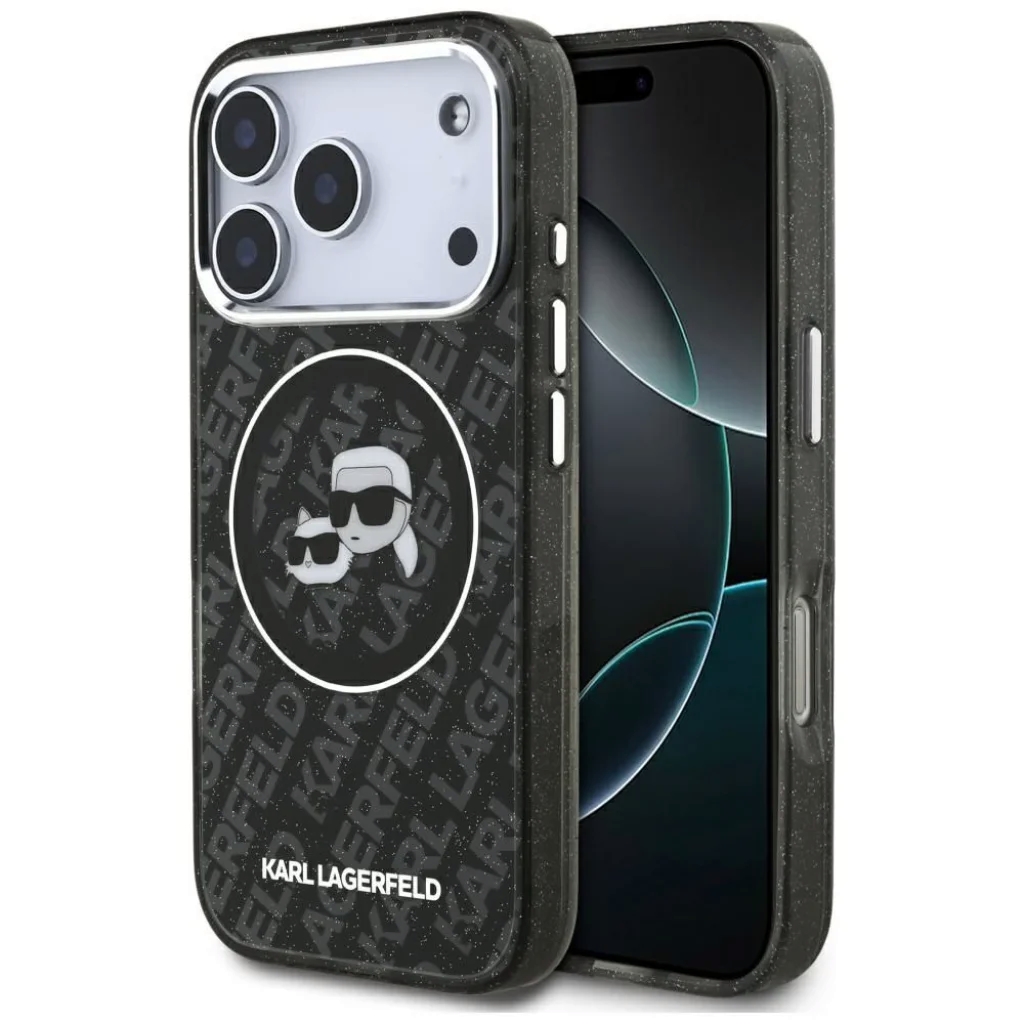 Telefontok iPhone 17 Pro - Karl Lagerfeld Glitter K&C Heads - MagSafe kompatibilis hátlap tok, fekete