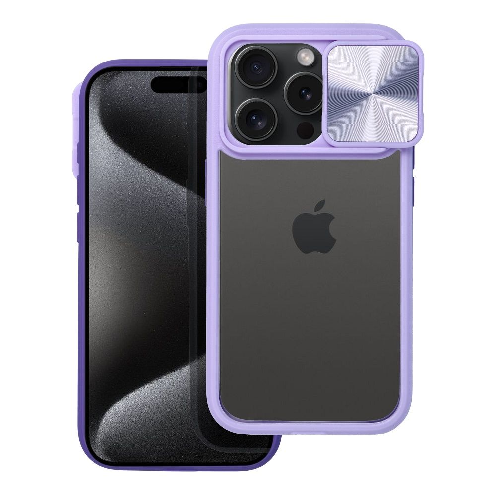 Telefontok iPhone 14 Pro - Slider csúsztatható kameravédős lila keretes hátlap tok, műanyag átlátszó hátlappal
