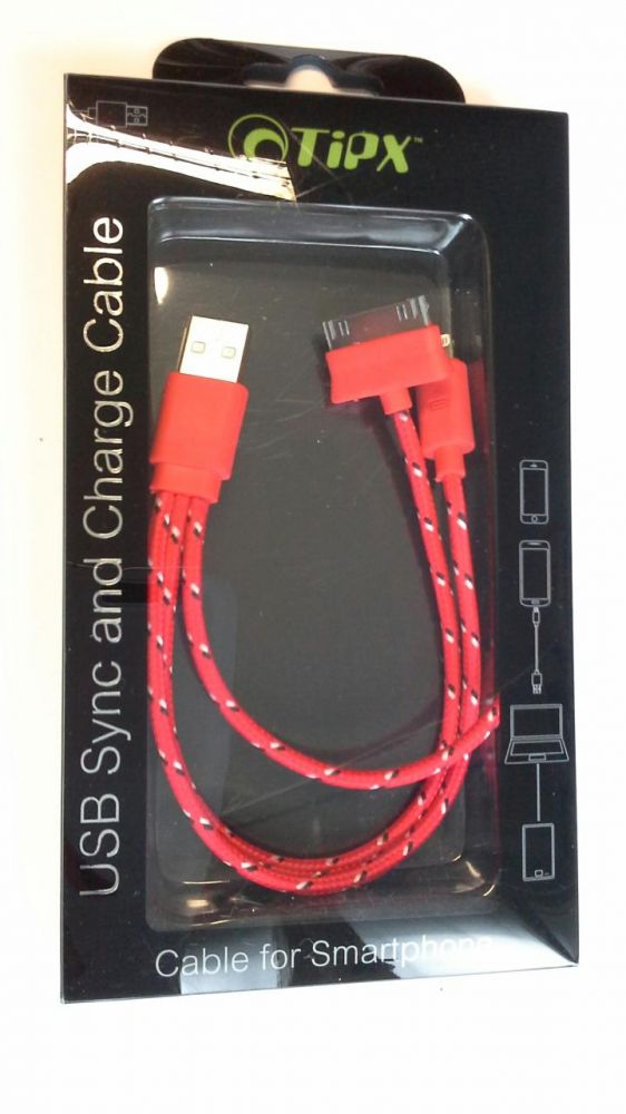 Kábel: TiPX 3in1 micro usb iPhone készülékhez piros szövet adatkábel