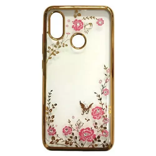 Telefontok Samsung Galaxy A20s - arany virág mintás köves szilikon tok
