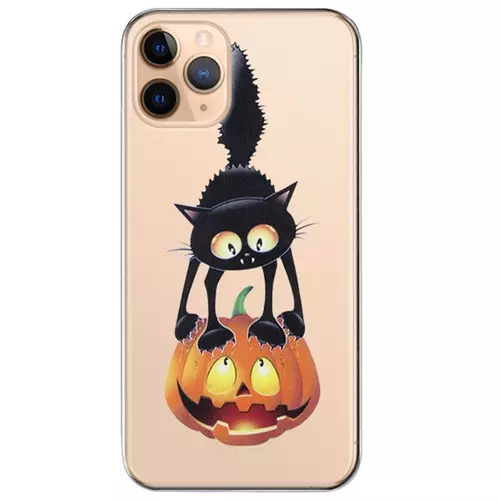 iPhone 11 Pro Max Telefontok - Fekete macska mintás átlátszó szilikon tok