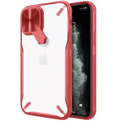 iPhone 12 Pro Max Telefontok - Nillkin Cyclops - áttetsző kemény hátlaptok, piros szilikon kerettel, kitámasztható kamerafedéllel