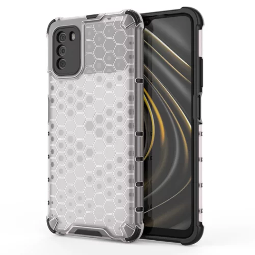 Xiaomi Poco M3 Telefontok - Hexagon mintás ütésálló áttetsző műanyag tok, szilikon peremmel