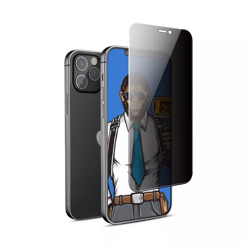 iPhone 12 Pro Max üvegfólia - 3D Mr. Monkey betekintésvédő üvegfólia fekete kerettel