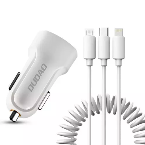 Dudao R7 Autós töltő - 3in1 fehér szivartöltőfej - 1USB 2.4A + MicroUSB, Lightning, Type-C (USB-C)