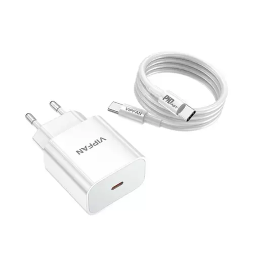 Vipfan E4S - hálózati töltőfej Type-C (USB-C) + kábel Type-C / Type-C, fehér 20W