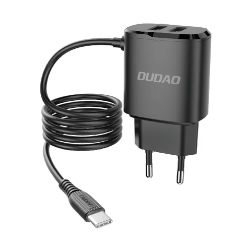 Dudao A2Pro Telefon töltő - fekete hálózati töltőfej 2xUSB porttal + beépített USB / Type-C (USB-C) kábel, 2,4A