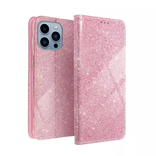 iPhone 13 Pro Max Telefontok - pink Shiny mágneses szilikon keretes könyvtok