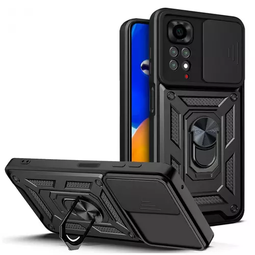 Xiaomi Redmi Note 11 Pro / Note 11 Pro 5G Telefontok - Tech-Protect Camshield - fekete szilikon tok, kitámasztó ujjgyűrűvel, csúsztatható kameravédővel