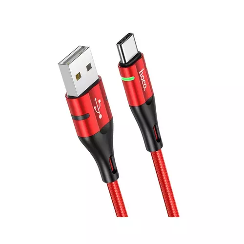 Kábel: HOCO U93 - USB / Type-C (USB-C) piros szövet kábel, 3A, LED -es 1,2m