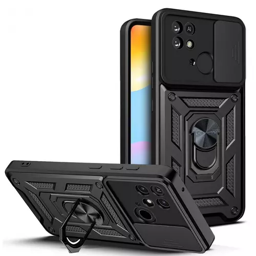 Xiaomi Redmi 10C Telefontok - Camshield - fekete szilikon tok, kitámasztó ujjgyűrűvel, csúsztatható kameravédővel