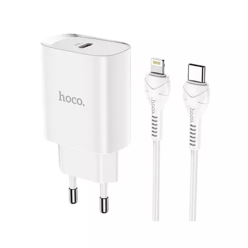 Töltő: HOCO N14 - Type-C (USB-C) fehér hálózati töltőfej + Lightning / Type-C kábel, fehér 20W