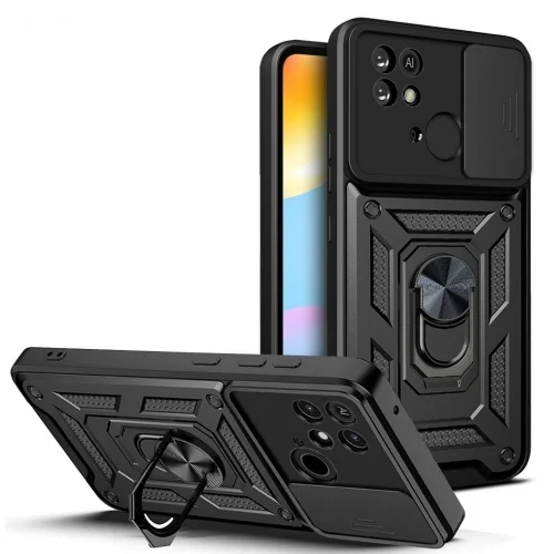 Xiaomi Poco C40 Telefontok - Camshield - fekete szilikon tok, kitámasztó ujjgyűrűvel, csúsztatható kameravédővel