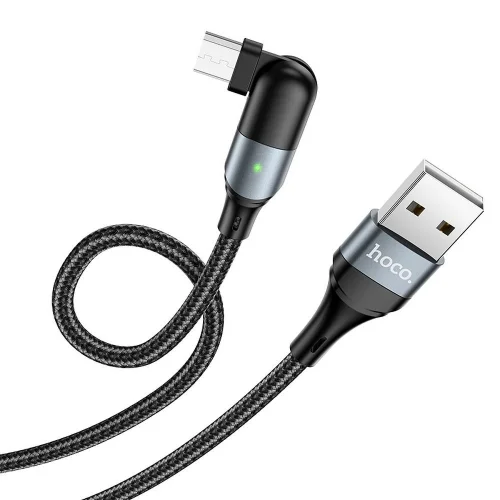 HOCO U100 kábel - USB / MicroUSB fekete szövet kábel 1,2m (180 fokban elfordított csatlakozó véggel) 2,4A