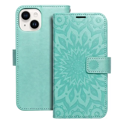 iPhone 14 Plus Telefontok - MEZZO mandala mintás zöld mágneses szilikon keretes könyvtok
