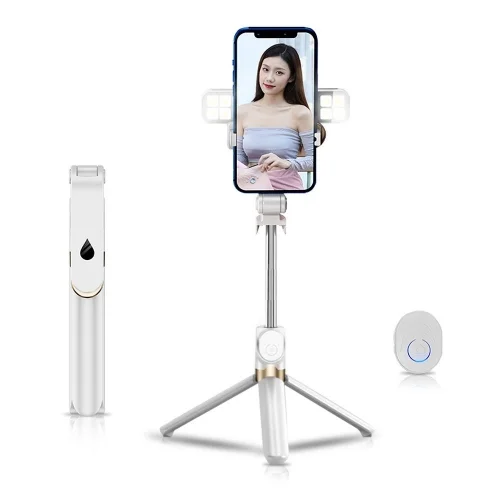 STAND XT-06S Selfie bot - fehér, bluetooth távirányítós, tripoddá alakítható selfie bot LED világítással