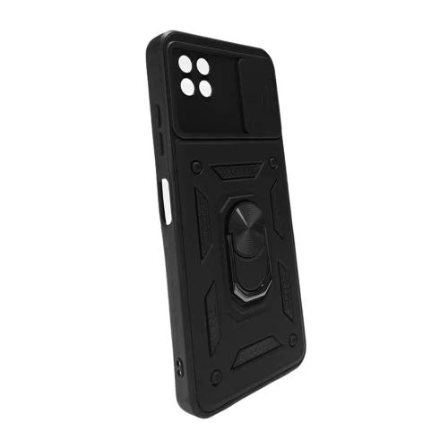 Samsung Galaxy A22 5G Telefontok - Tech-Protect Camshield - fekete szilikon tok, kitámasztó ujjgyűrűvel, csúsztatható kameravédővel