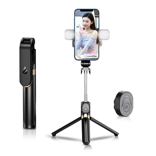 STAND XT-06S Selfie bot - fekete, bluetooth távirányítós, tripoddá alakítható selfie bot LED világítással