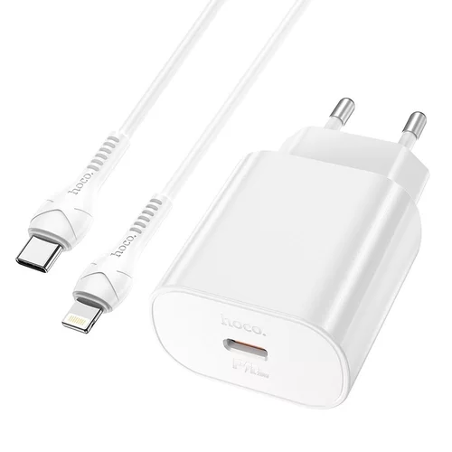 HOCO N22 Töltő - Type-C (USB-C) portos fehér hálózati gyors töltőfej 25W + Type-C (USB-C) / Lightning kábel (1m)