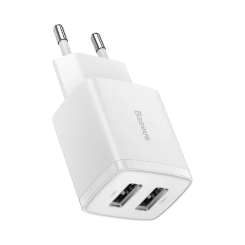 Baseus Compact Telefon töltő - 2USB portos fehér hálózati töltőfej, 10.5W