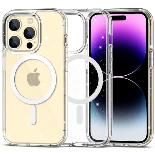 iPhone 15 Pro Max Telefontok - Tech-Protect Flexair Hybrid - MagSafe kompatibilis átlátszó/csillámos műanyag hátlap tok, szilikon kerettel