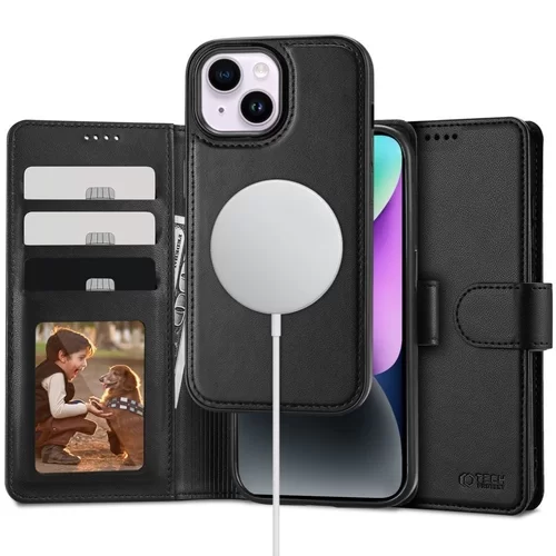 iPhone 15 Telefontok - Tech- Protect Wallet - MagSafe kompatibilis fekete bőr könyvtok, ráhajtófüllel