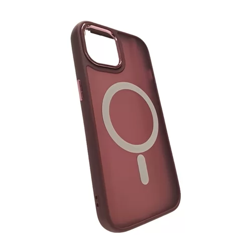iPhone 15 Pro Max Telefontok - MagSafe kompatibilis burgundy áttetsző műanyag hátlap tok, burgundy szilikon kerettel