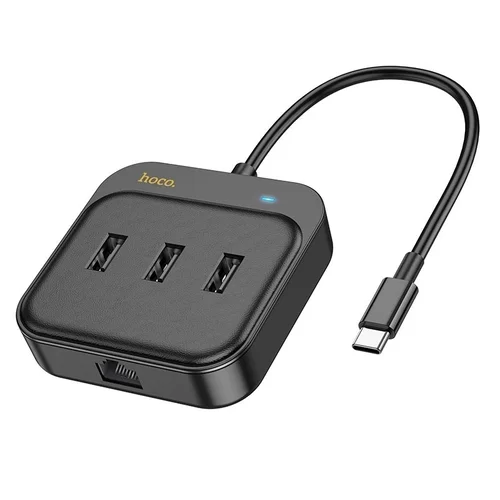 HOCO HB35 HUB Adapter - 4in1 porttal, Type-C / USB / RJ45, fekete adapter