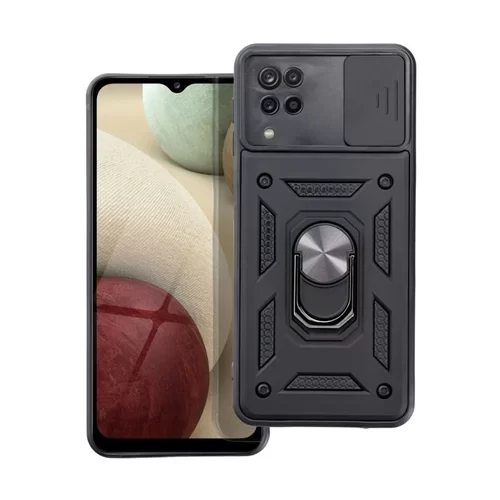 Samsung Galaxy A12 Telefontok - Camshield - fekete szilikon tok, kitámasztó ujjgyűrűvel, csúsztatható kameravédővel
